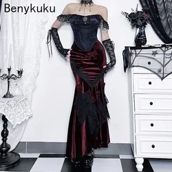 Victorian Vintage Velvet Fishtail Skirt Ladies Wine Mall Goth Jacquard Hip Wrap Steampunk Long Skirt  Women Fairy Grunge Skirts