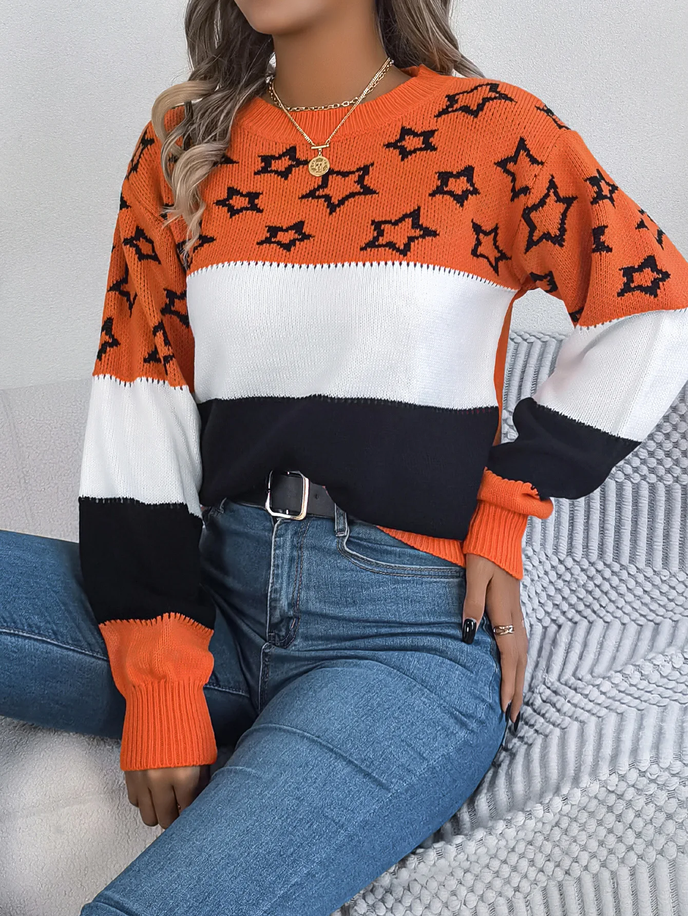2025 Otoño Invierno mujer suéter Tops suéteres mujer Casual Color-Block estrella recorte linterna manga suéter