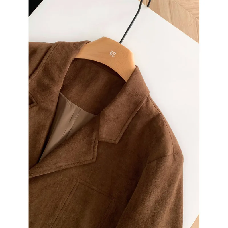 Autumn Suede Silhouette Suit Jacket Women Vintage Lapel Collar Loose Long Sleeve Casual Blazers Coat