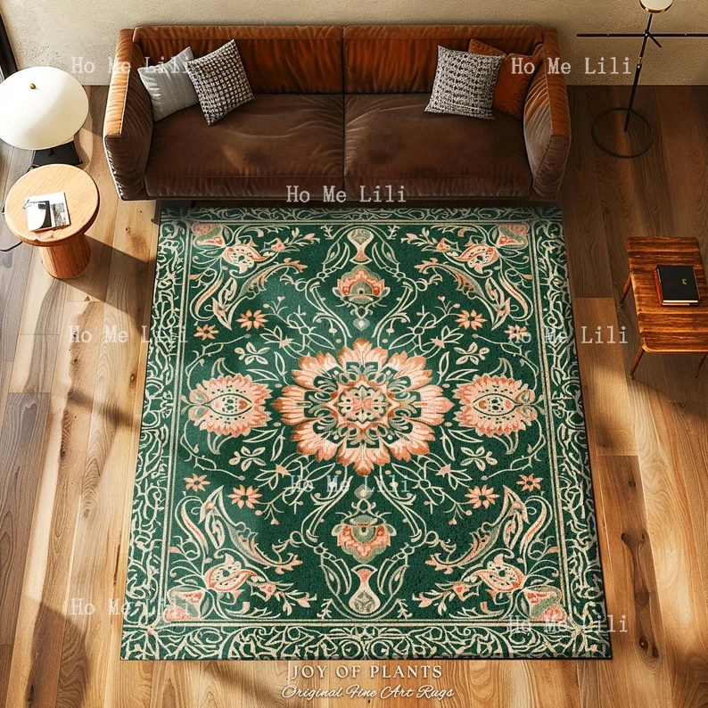 Statement Rug For Living Room Emerald Green Aesthetic Maximalist Room Decor Classic Ornate Victorian Rug