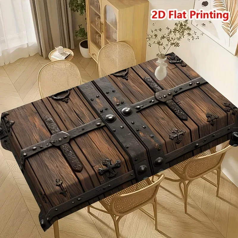 One piece of 2D flat-printed simple wood grain and retro steel stamp tablecloth.