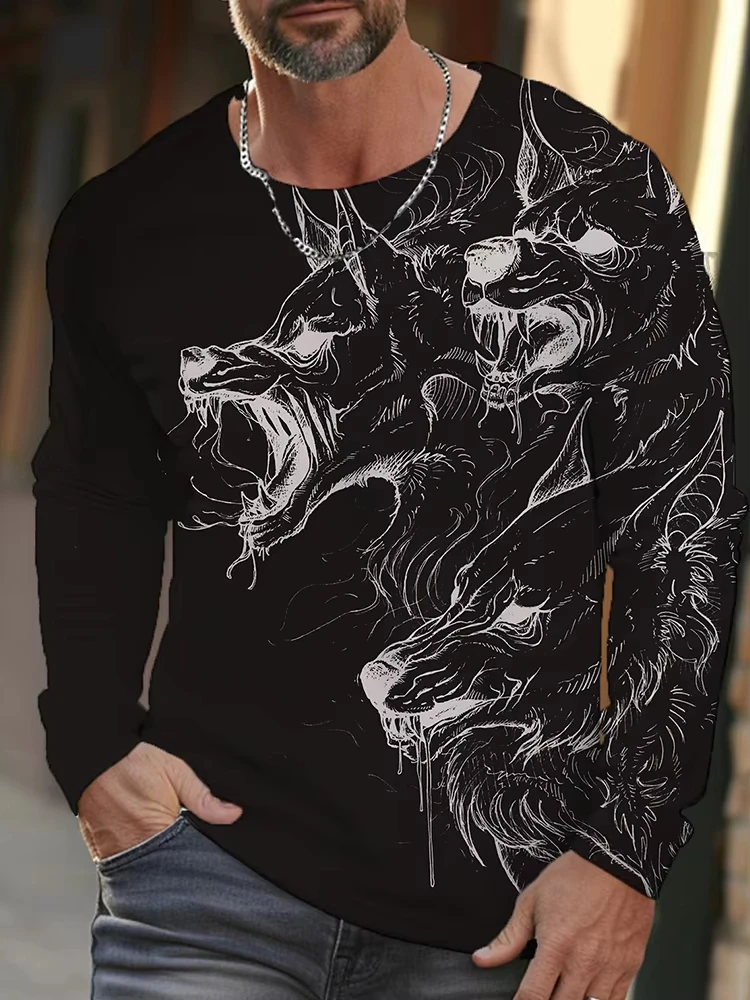 

Long T-shirt For Men Wolf 3D Printed Crew Neck Long Sleeve Casual Outdoor Streetwear Sports Top Tees Pullover Oversized Clothing