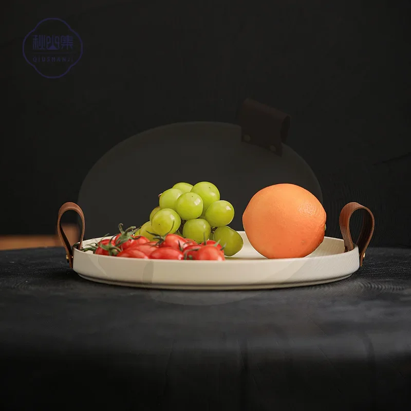 Wabi-Sabi Gray Tea Tray, Vintage Leather Handle Fruit Plate, Artistic Snack Storage Dish for Home Use