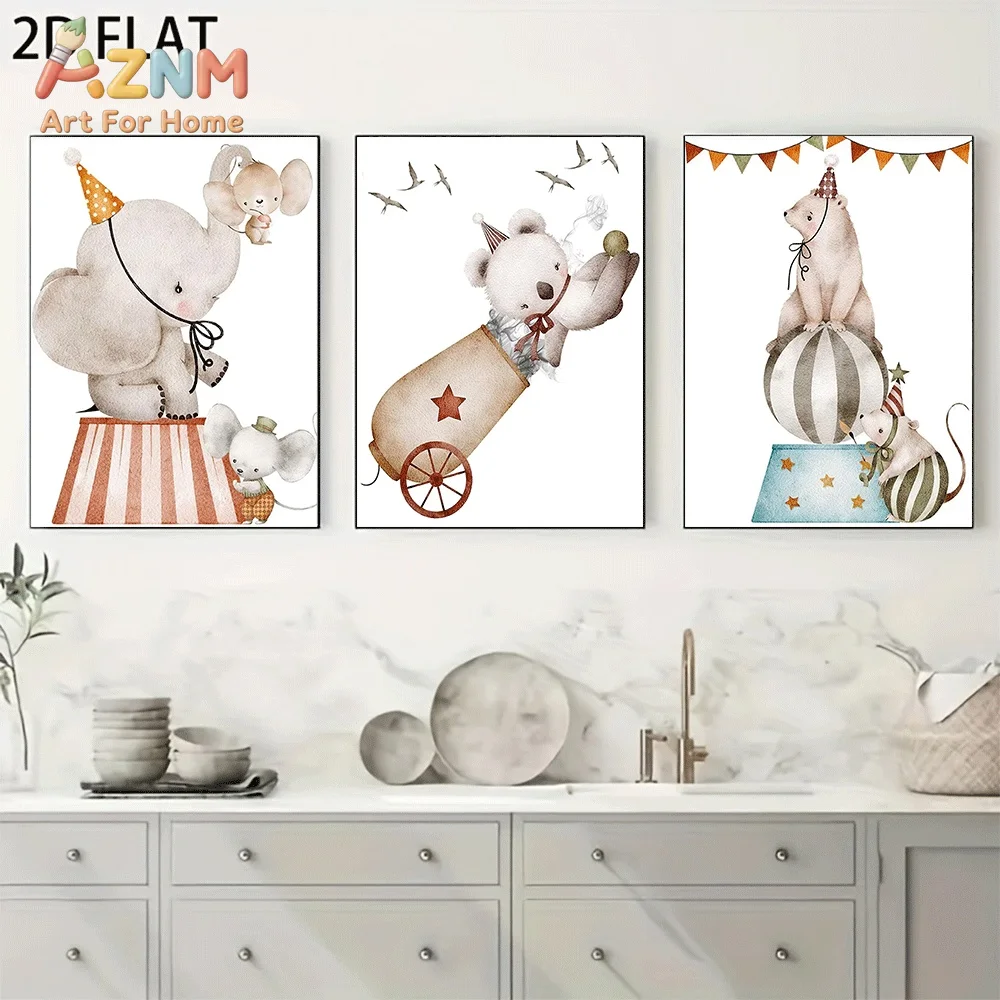 AZNM Watercolor Circus Animal Canvas Wall Art, Cute Elephant Bear Mouse Ball Cannon Performance Cartoon Boho Style Sweet Nursery