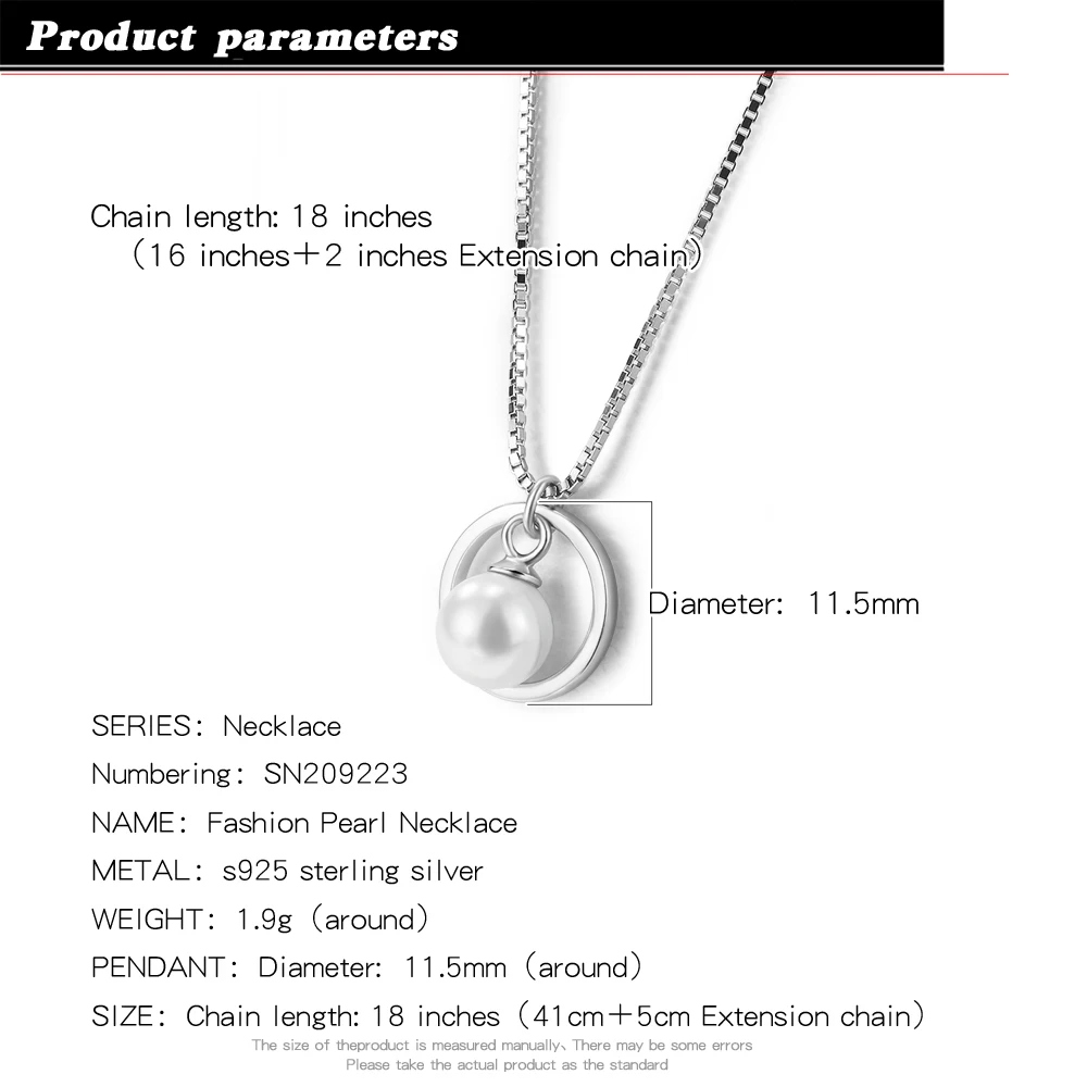 Fine Jewelry 100% 925 Sterling Silver Necklace Women's 11 MM Pearl Pendant Solid Silver 18 in Box Chain Choker Holiday Gifts