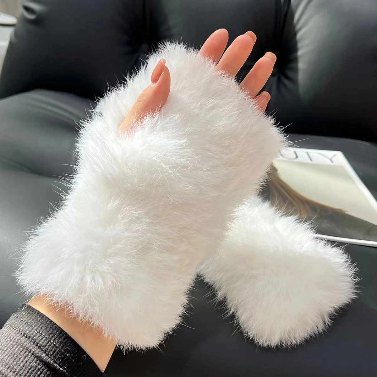New Arrival Women Knit Fur Mitten Girls 100% Real Genuine Knitted Rabbit Fur Mittens Winter Warm Real Fur Fingerless Gloves