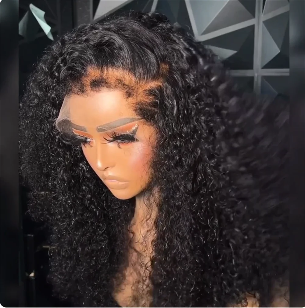 Perruque Lace Front Wig crépue bouclée sans colle pour femmes noires, cheveux de bébé, douce, longue, noire, 26 pouces, densité 180, préplumée, 03