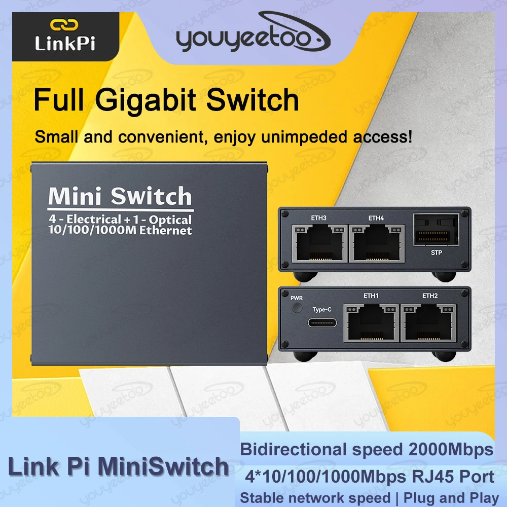 

Link Pi MiniSwitch Mini 5-port Gigabit Switch Optical Port Electrical Port Industrial Aluminum Alloy Case Wall Mount DIN Clip