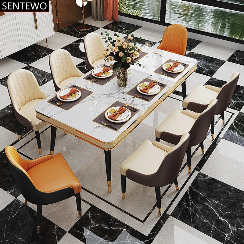 SENTEWO Popular Luxury Marble Dining Table And Chair Stainless Steel Gold Leg Frame Tables Kitchen Furniture Mesas De Jantar