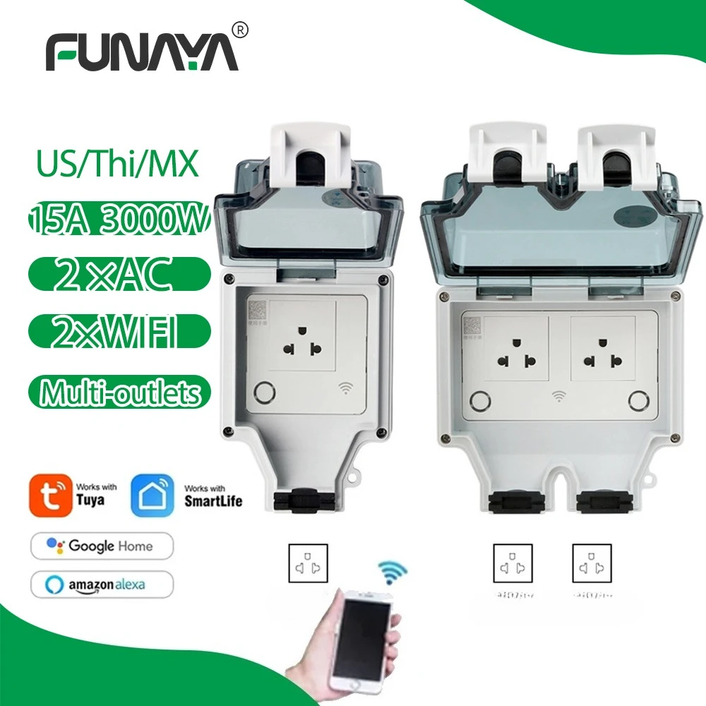 

Умная уличная розетка Tuya WIFI США 1, 2 розетки, IP66, водонепроницаемая, AC110 ~ 220 В, 16A, настенные розетки с таймером для орошения сада