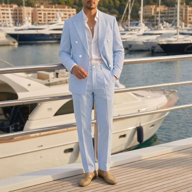 

KIDWHXR Man Outfit Korean Stripied Double-breasted Blazer Male Straight-leg Pant Men Slim Wedding Casual 2-piece Suit Set