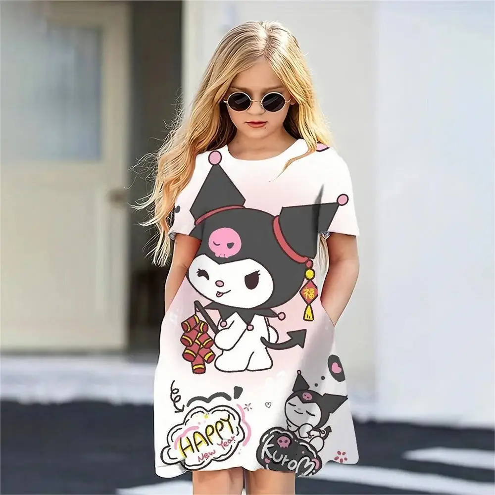 MINISO Girls Summer Dress Fashion Cartoon Cute Kuromi 3D Printed Women Dresses Girls manica corta Princess Dress abbigliamento per ragazze