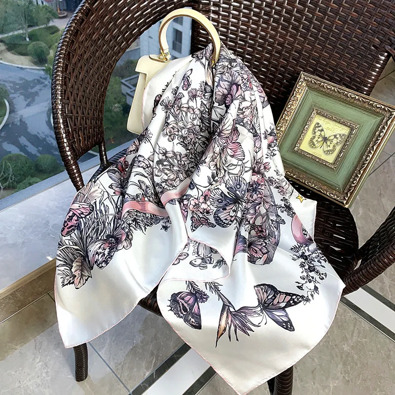 

90 Silk Scarf Women Square Bag Bandanas Hand Rolled Shawls Foulard Accessories Headband 90CM Valentine's Day Gift