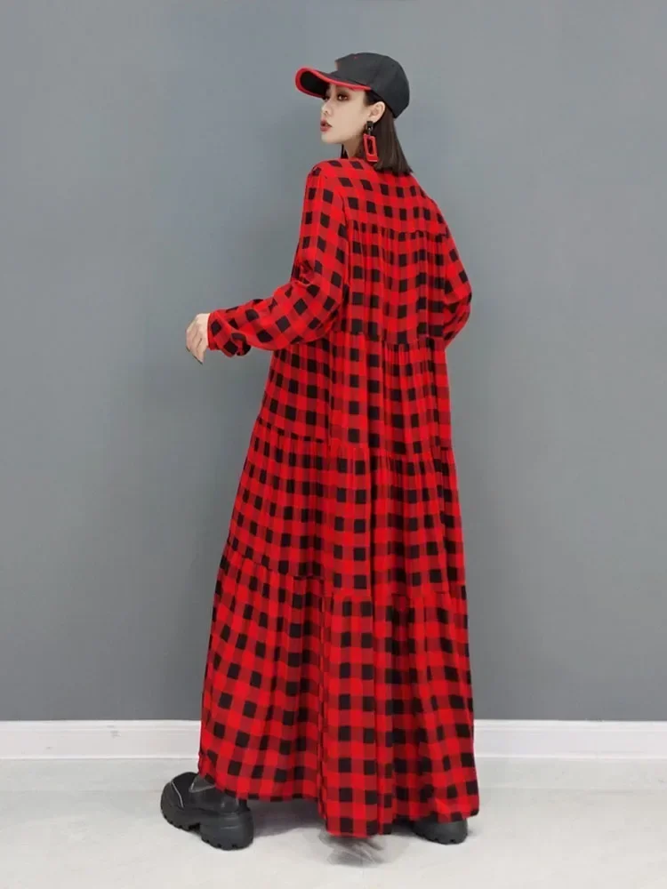 XITAO Plaid Pleated Pullover Dress Women 2025 Spring New Personality Fashion Loose Half High Collar Full Sleeve Dress GWJ0734