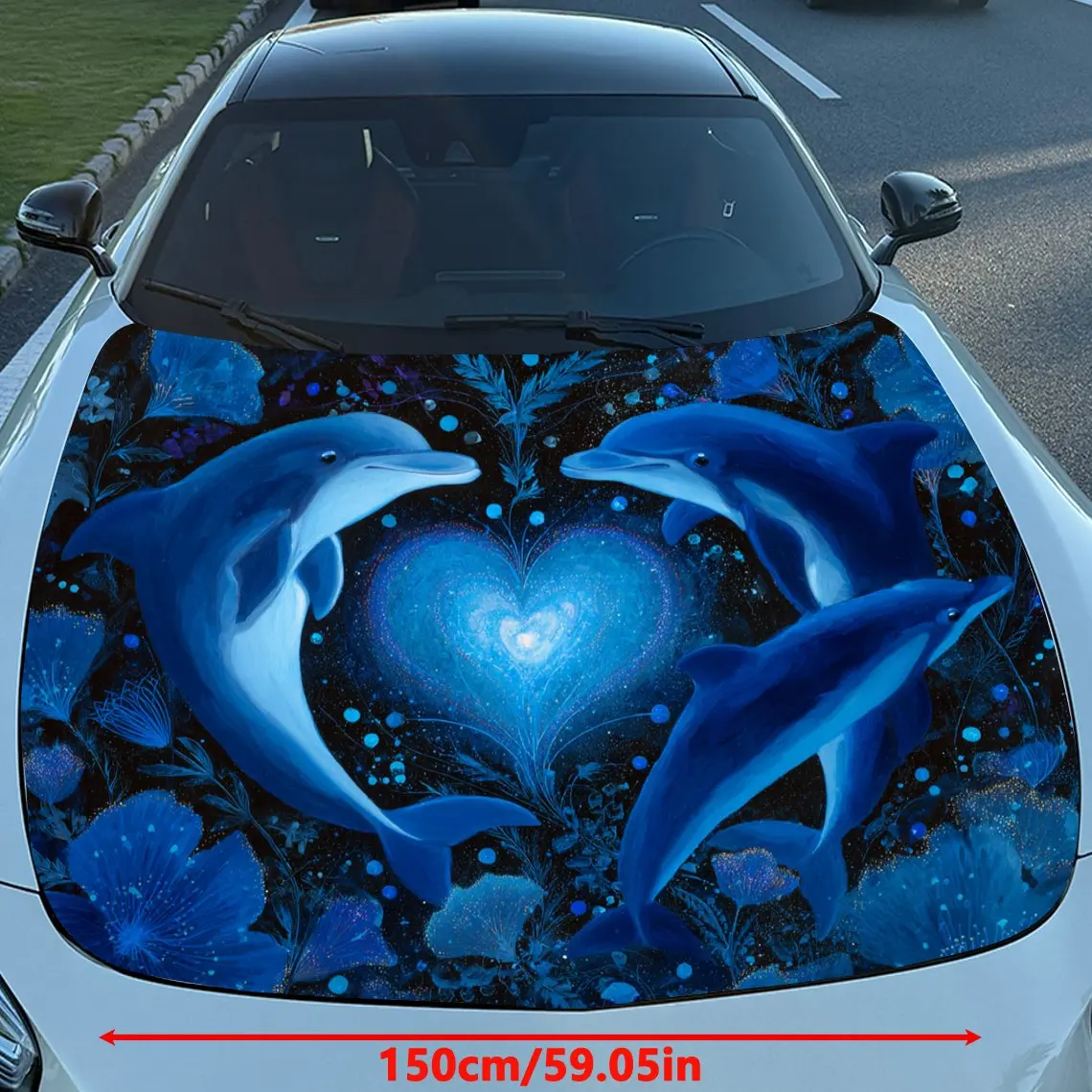 Blue Dolphins Heart and Flowery Secret Realm Car Vinyl Wrap, PVC Material Waterproof Car Hood Sticker, Self-Adhesive Scratch-Res
