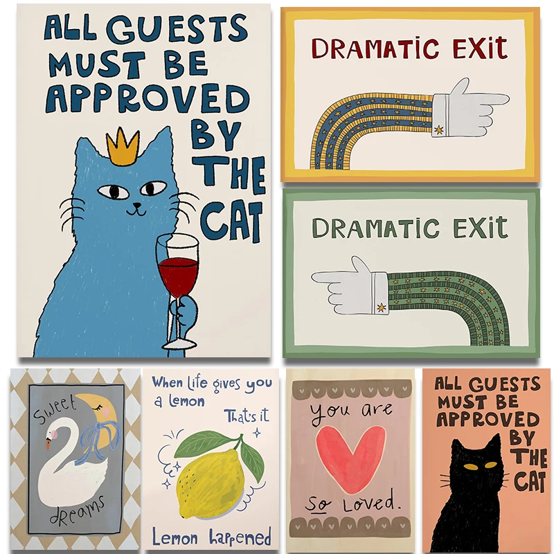 Dopamine Trendy Text Hand-Drawn Typography Posters Dramatic Exit Funny Cat Prints Canvas Painting Wall Pictures Home Room Decor