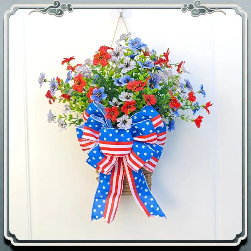 Decoración duradera de cesta de flores del día patriótico para el día de la independencia de la puerta delantera 4 de julio para interior exterior rojo blanco azul Dur