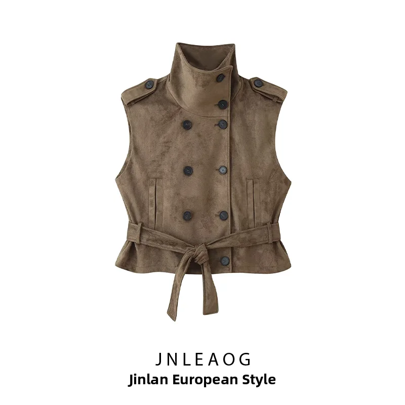 Fashionable Faux Suede Vest with Belt Autumn New Arrival Women's Clothing JNLEAOG 6318262 Outerwear Polyester Regular Length