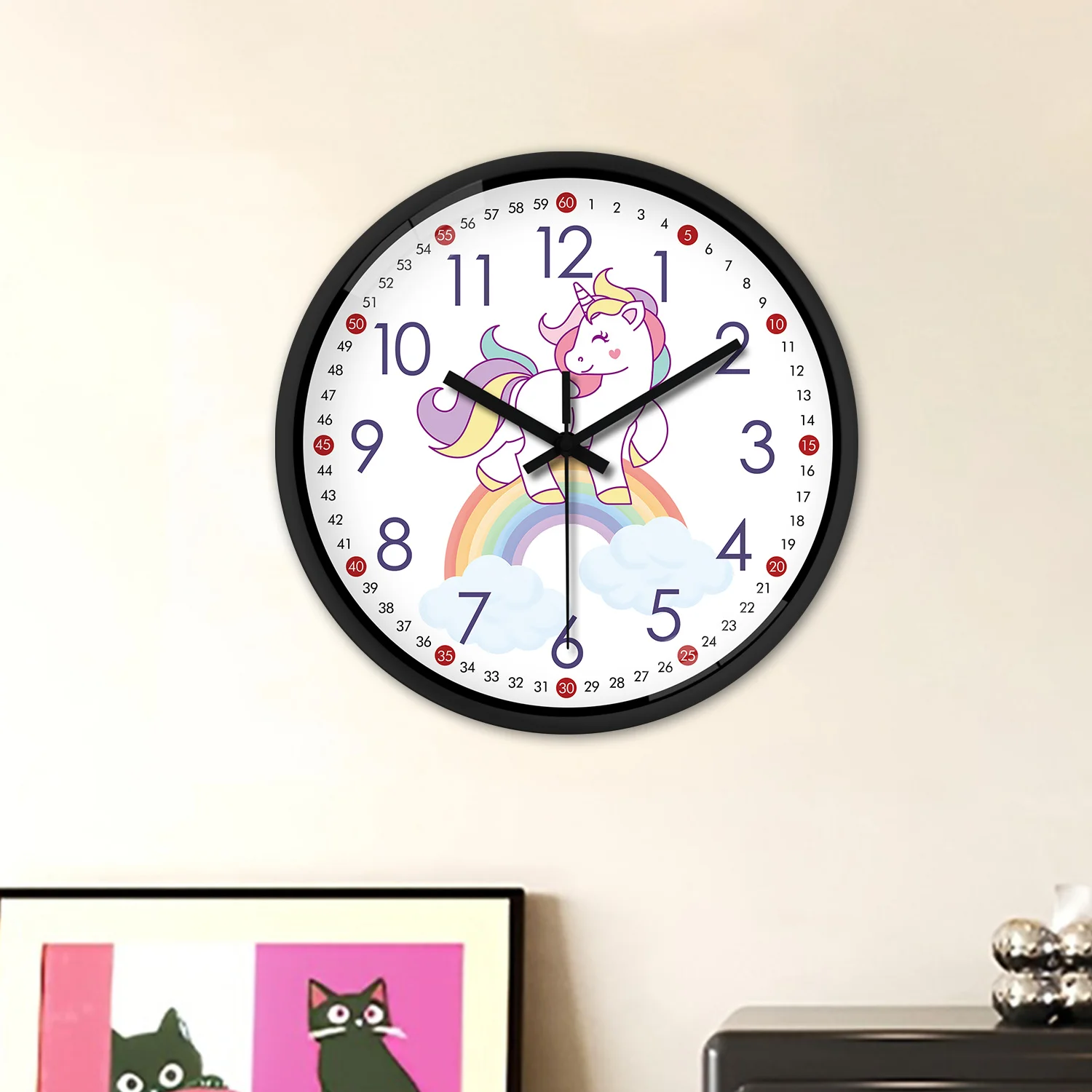 1Pc 8Inch Minor Clock Wall Clock, the Rainbow Unicorn Design Clock, Silent Clock, for Living Room Bed