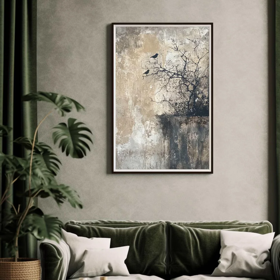 Tranquil Wabi-Sabi Bird Wall Art - Impasto Print of a Peaceful Nature Scene, Blending Rough Textured Layers with Delicate Bird S view 5