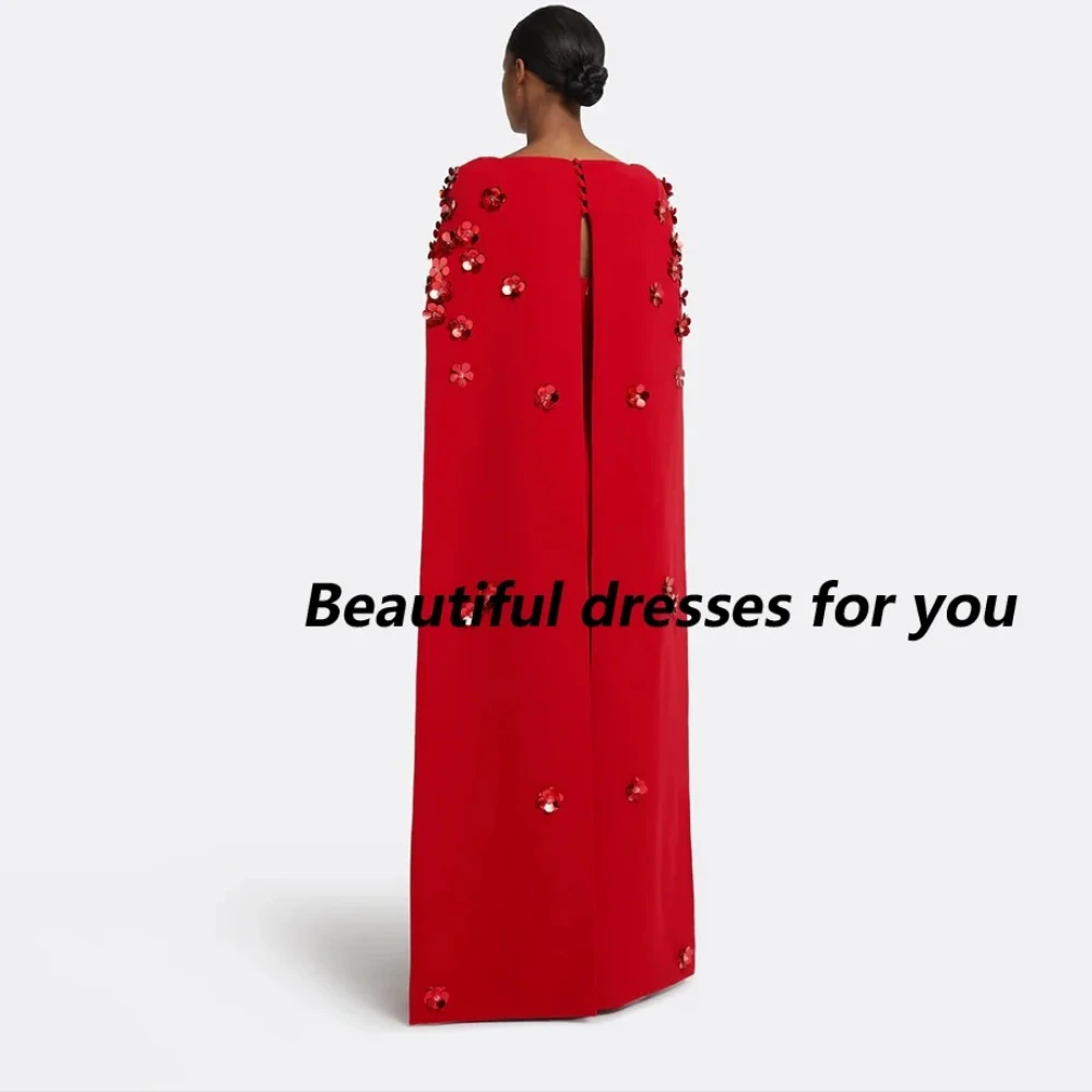 Red Prom Dresses for Women 2025 Boat Neck Half Sleeves Sequin Flowers Party Gowns Long Shawl Wedding Guest Dresses Customized image 2