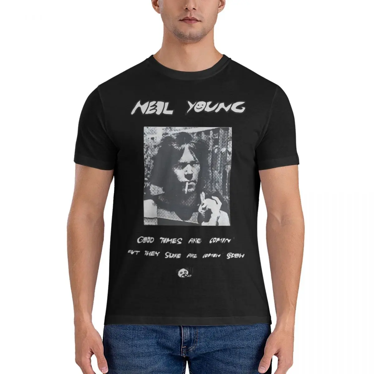 Men T-Shirt Black Funny Pure Cotton Tee Shirt Short Sleeve Neil Young T Shirt Crewneck Clothes Gift Idea