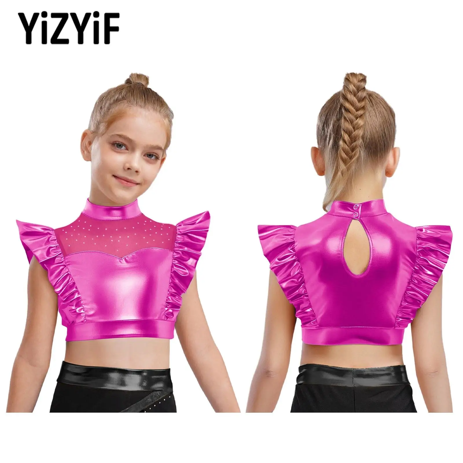 

Girls Kids Jazz Contemporary Dance Costume Shiny Metallic Tank Tops Sleeveless Rhinestone Mesh Crop Tops Performance Dancewear
