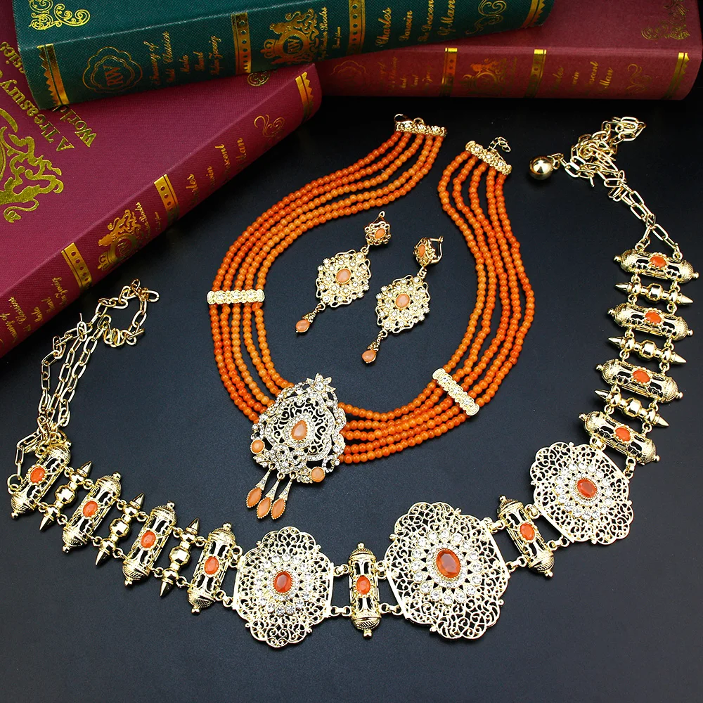 Sunspicems Chic Morocco Bride Wedding Jewelry Sets For Women Orange Beads Choker Necklace Crystal Drop Earring Waist Chain Belt