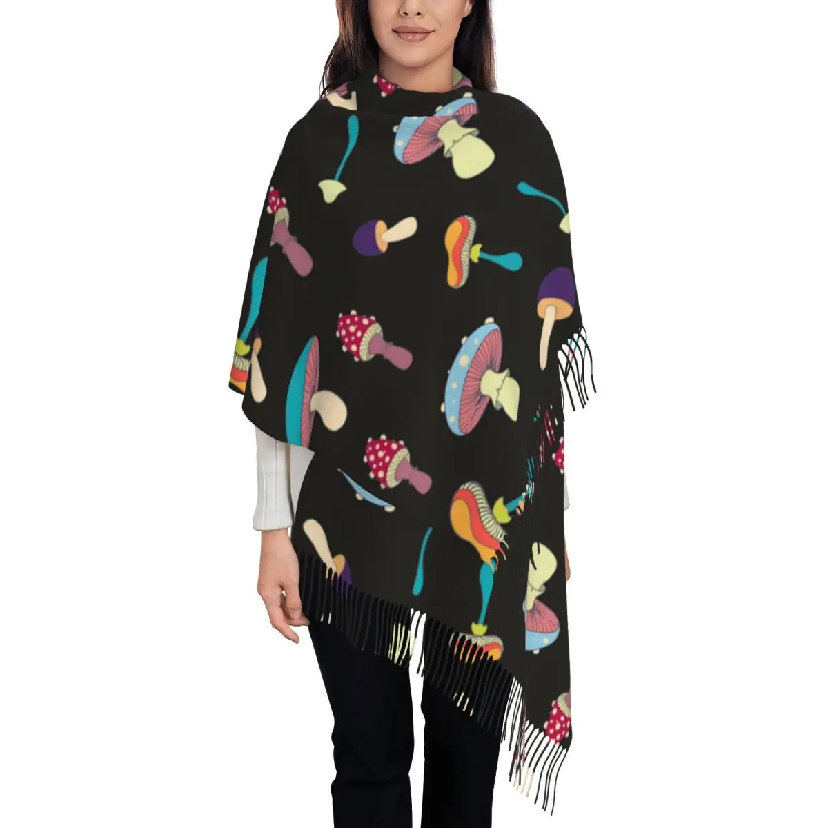 Womens Tassel Scarf Magic Mushrooms Single-sided Pattern Winter Fall Shawl and Wrap Daily Wear Pashmina Scarves