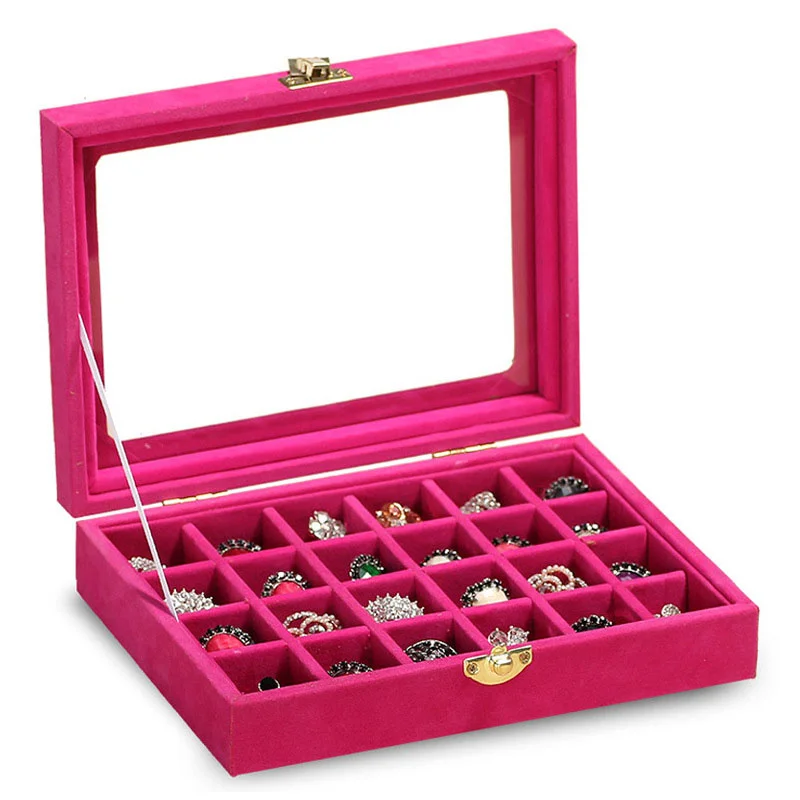 12/24Grids Velvet Jewelry Box with Glass Cover Rings Earrings Necklaces Organizer Display Holder Women Jewelry Storage Case