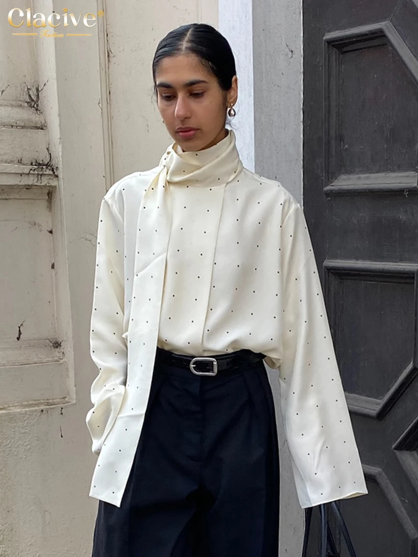 

Clacive Fashion Loose Print Women Shirt 2025 Casual Stand Collar Long Sleeve Shirts Elegant Classic Lace-Up Top Female Clothing