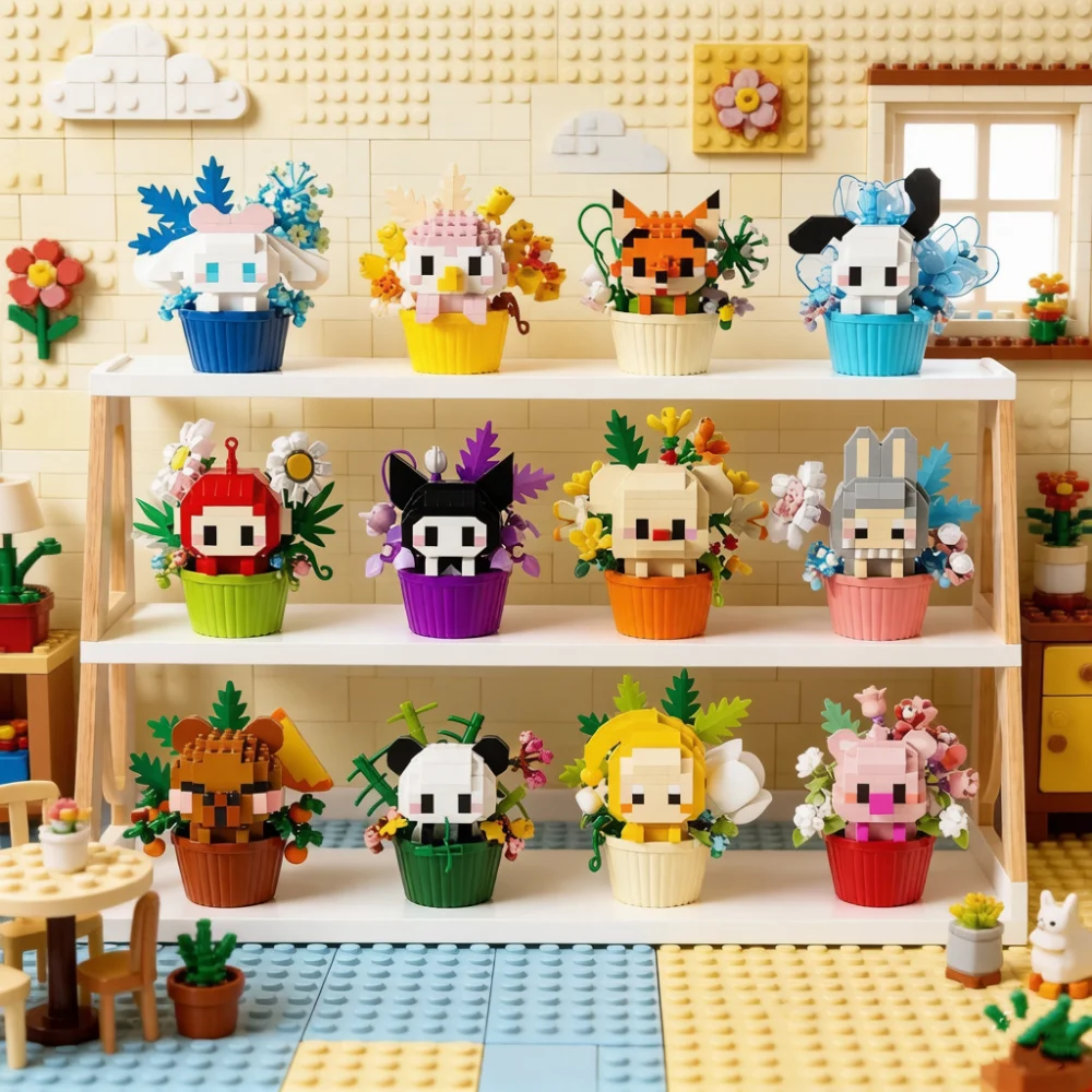 

STEM Creative Cute dessert small animals potted bouquet cartoon doll building block diy ornament toys birthday gifts for kids