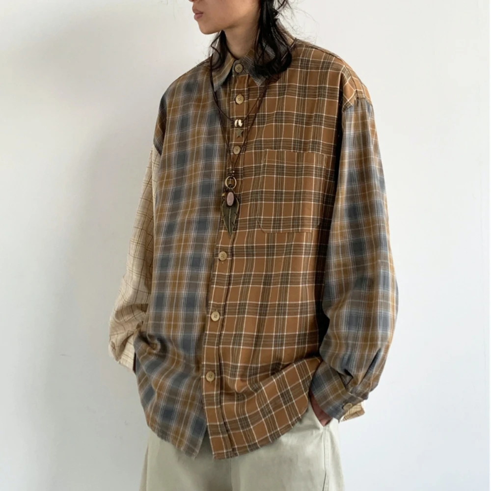 Spring Fall Vintage Plaid Shirt For Men Women Preppy Style Unisex Color Block Casual Long Sleeve High Quality Trendy Streetwear