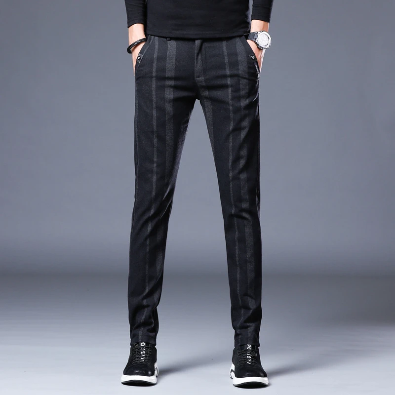 

2025 мужские весенне-осенне-зимние повседневные шлифованные брюки мужские высококачественные полосатые эластичные тонкие прямые хлопковые синие черные брюки