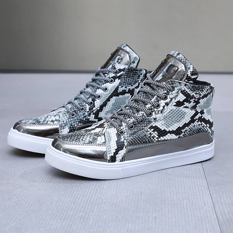 

New Design Silver Men High Top Sneakers Fashion Snake Leather Men Vulcanized Shoes Comfortable Anti-slip Men Skateboarding Shoes