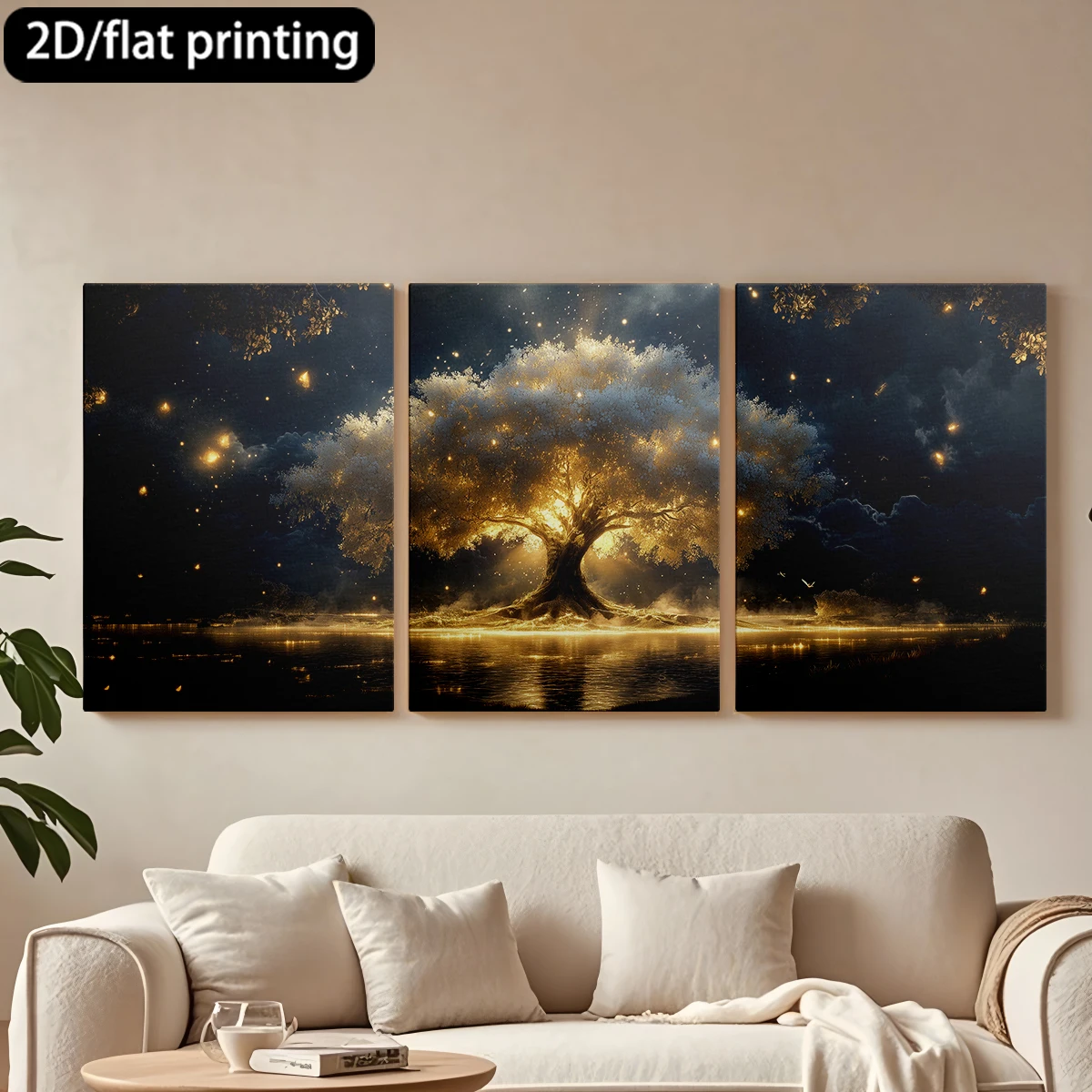 

Набор из 3 картин на холсте в деревянной раме: Зачарованное дерево, вода, звездное небо. Декор для коридора и спальни.