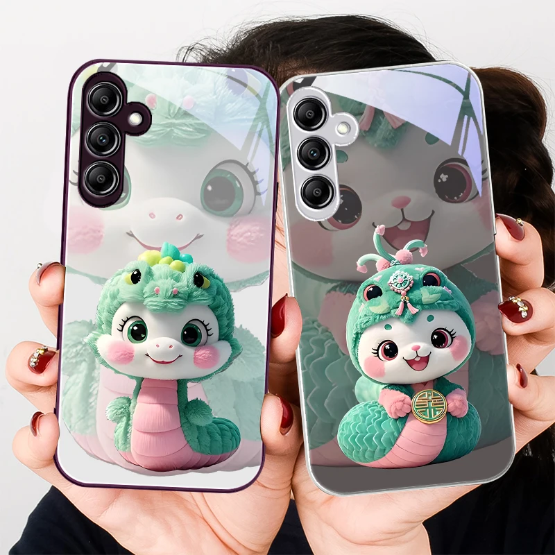 Cute cartoon snake green For Samsung Galaxy A01 02 03 Core A04 A14 4G A13 54 34 31 20 25 23 22 5G S21 Ultra S20 glass phone case