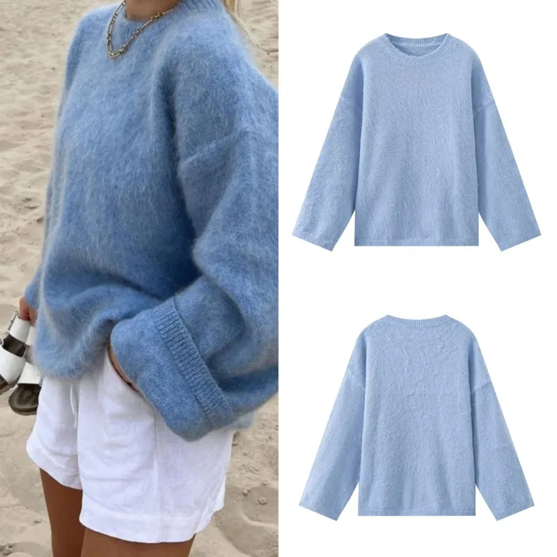 3D All Match Knitted Midi Sweater Women 2024 Autumn INS Four Color Brushed O-neck Long Sleeves Pullover Sweater Classical Top