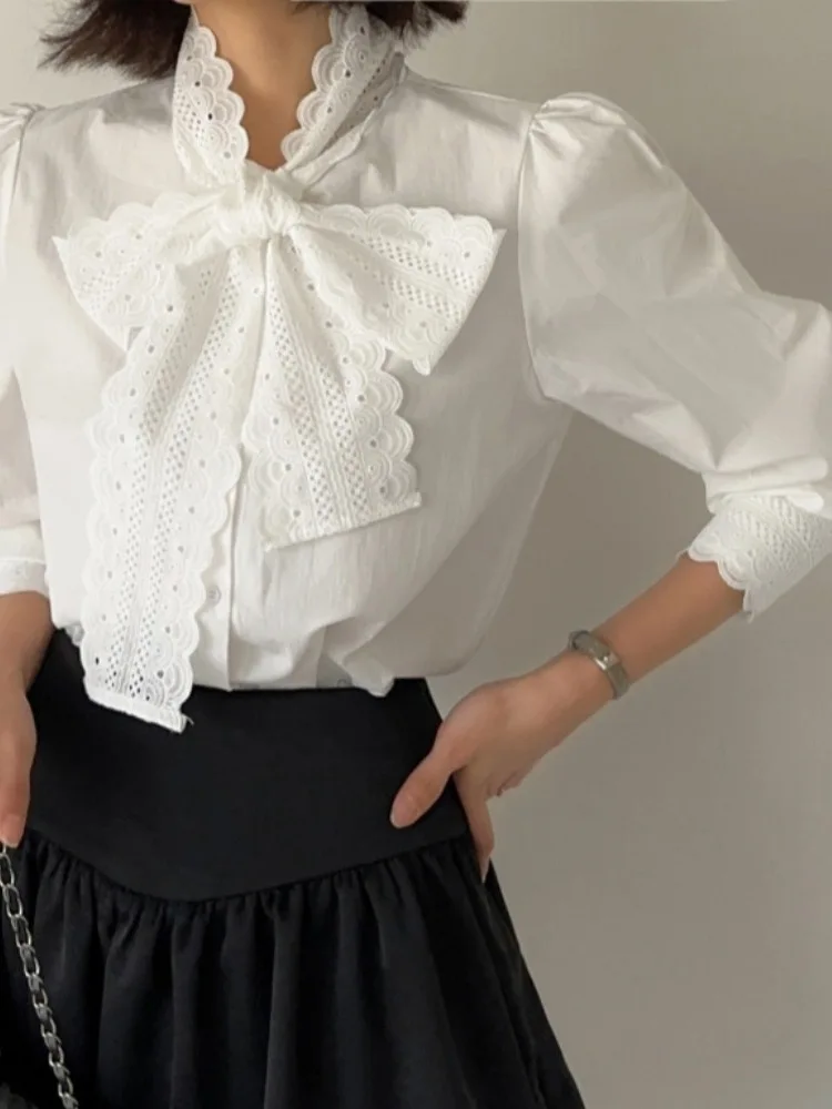 

Elegant White Shirt with Lace Trim And Bow Design Women's Fashionable Straight Cut Long Sleeve V-Neck Button-Up Top