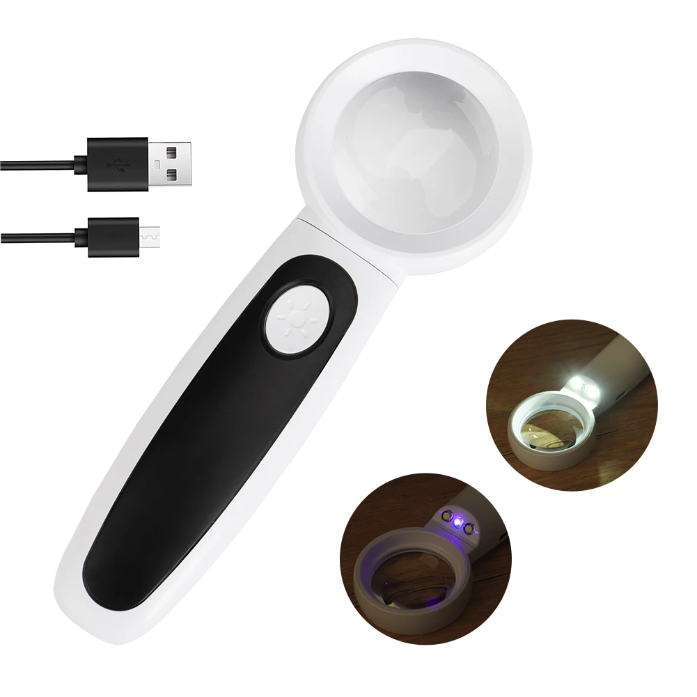 40X Rechargeable Handheld Magnifying Glass 2 LED&1 UV Inlluminated Reading Magnifier for Stamp Jewelry Appreciation (40mm Lens)