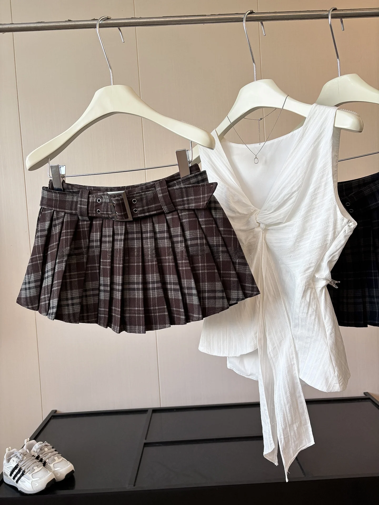 High Waist Plaid Pleated  Skirt Women's DIYI Academy Style Half-length Skirts with Belt Slimming Short Skirts