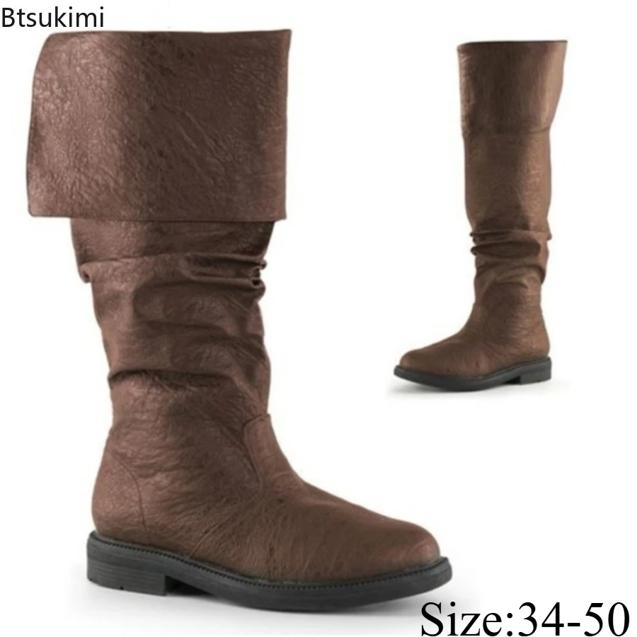 Medieval Leather Boots Men Knight Prince Cosplay Gothic Punk Boots Halloween Carnival Stage Party Props Shoe Elf Vintage Booties