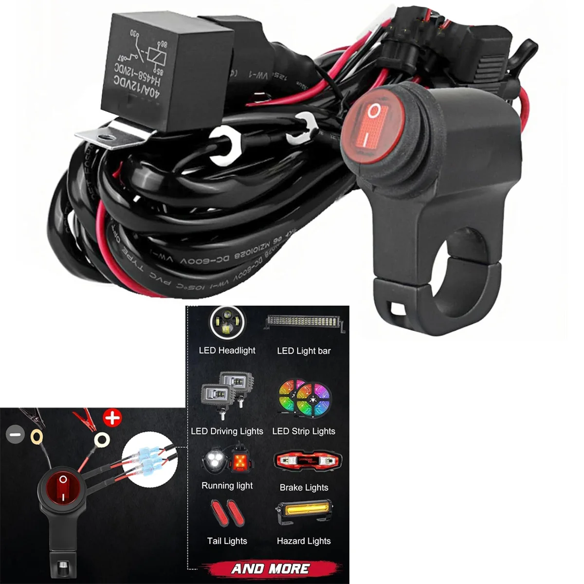 

2 Leads LED Light Bars Wiring Harness Kit w/Motorcycle Handlebar Switch 7/8" 12V 40A Relay Fuse Wire Harness for ATV Motorcycle