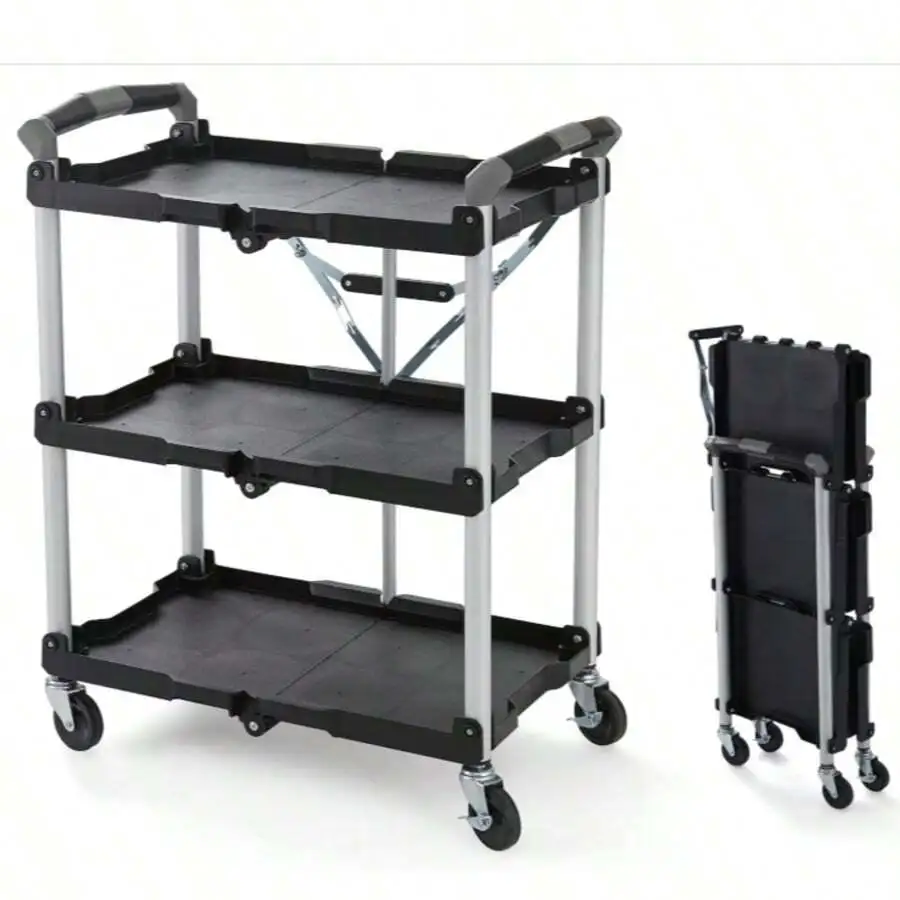 3-Tier Collapsible Utility Cart, No Assembly Rolling Storage Trolley With Lockable Wheels, Foldable Organizer Cart For Garage Ki