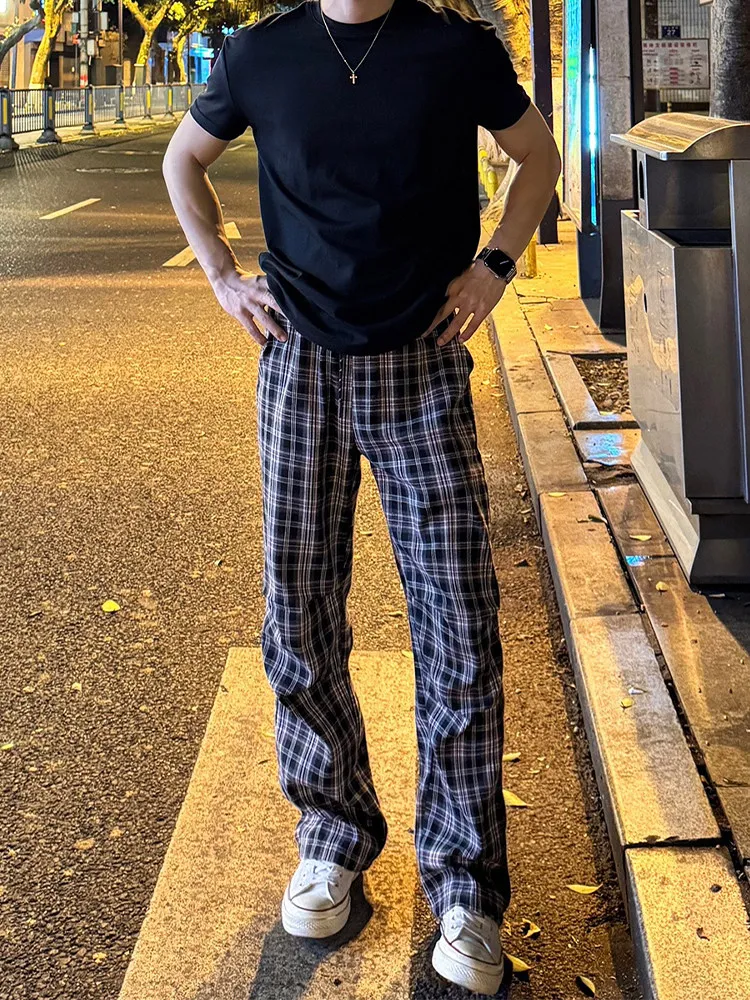 Cleanfit Men's Plaid Straight Leg Casual Pants Color Block Design Casual Sporty Lightweight American Style Trousers