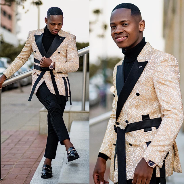 Modern Men s Suits Tailored 2 Pieces Jacquard Blazer Black Pants Double Breasted With Belt Peaked Lapel Custom Made Plus Size AliExpress