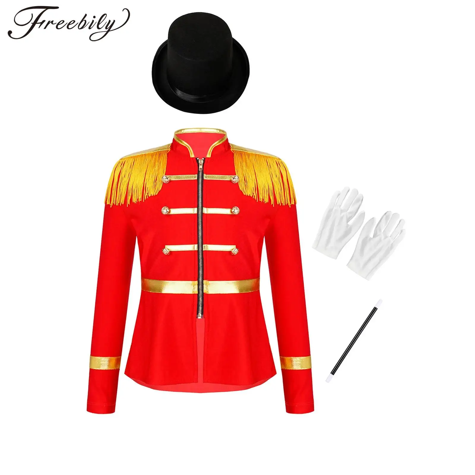 Girls Circus Ringmaster Magician Cosplay Costume Long Sleeve Coat with Magic Wand Gloves Hat for Halloween Carnival Performance