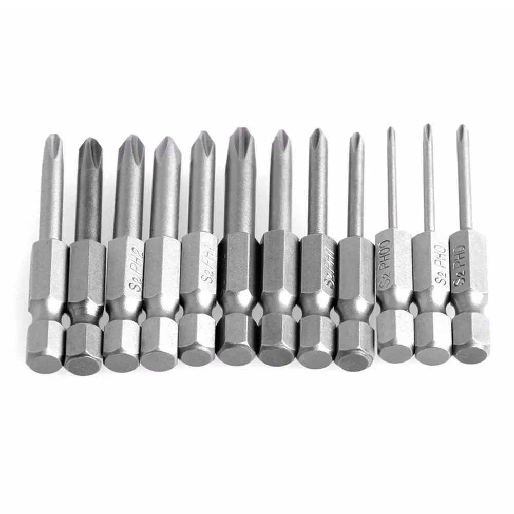 Long Lasting 12pcs Set Of Magnetic PH Cross Screwdriver Bits 1/4 Inch Hex Shank 50mm Length Made Of Alloy Steel