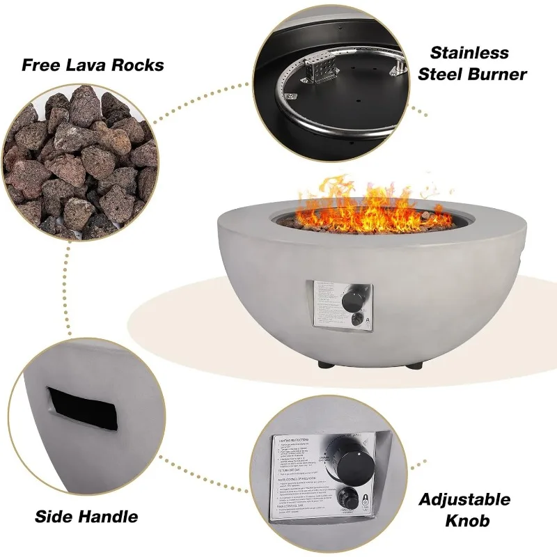 Outdoor Propano Fire Pit Table, Concreto Rodada Firepit Gás, Lava Rocks e Rain Cover, 31,5 ", 50.000 BTU