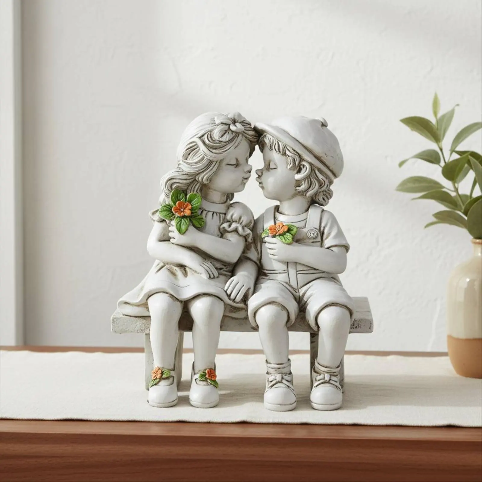 Young Man and Girl on Bench Figurine Artisanal Look Kissing Couple Statue Initial Kiss Statue Weather Resistant House Decoration